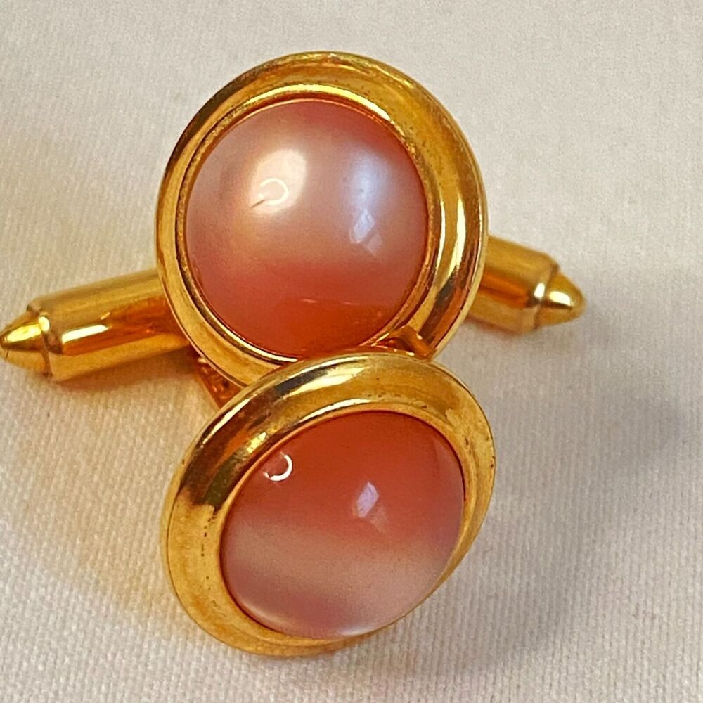 💎Krementz Signed GoldFilled Cufflinks Pink Round Moonstone Vintage Men’s Formal